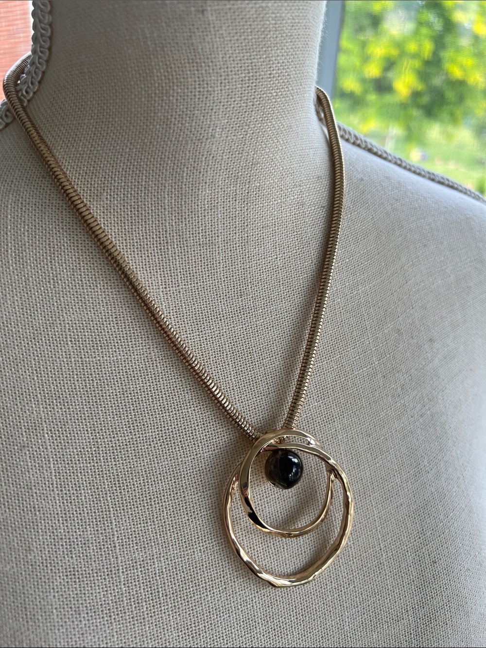 Chico's Gold Tone Double Circle Necklace with Black Accent